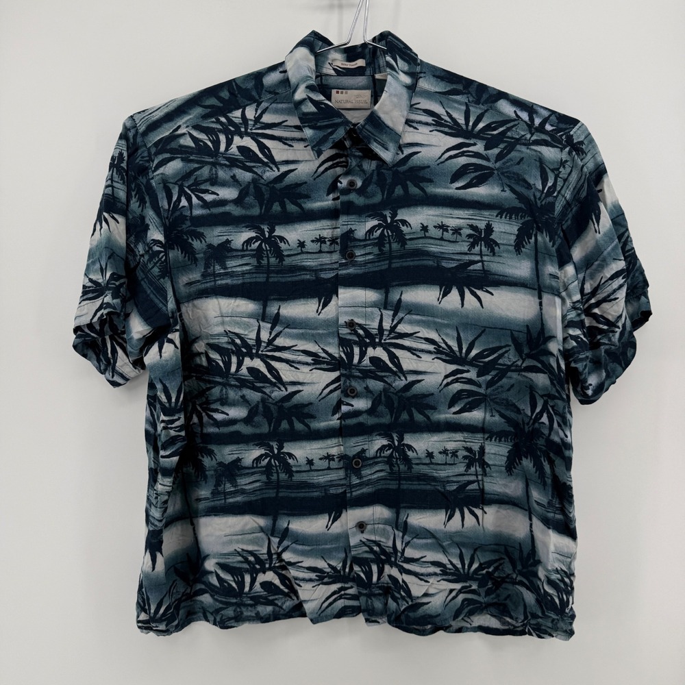 Natural Issue Button Up Shirt Mens XL‎ Blue Palm Tree Rayon Silky Touch Hawaiian